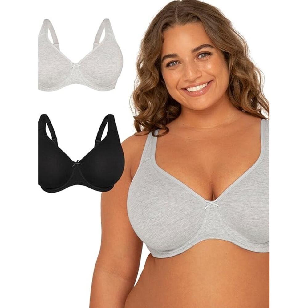 New 2-Pack Fruit of the Loom Womens 42G Black Gray Cotton Unlined Underwire Bras